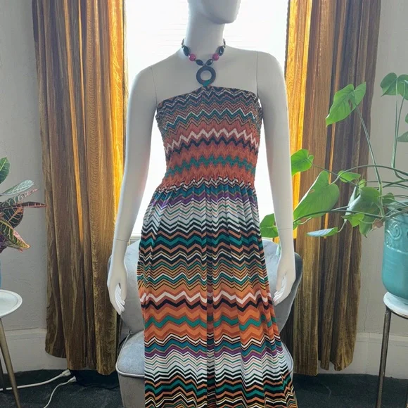 Magic Strapless Chevron Maxi Dress in Orange, Teal, Black, White - Picture 5 of 14